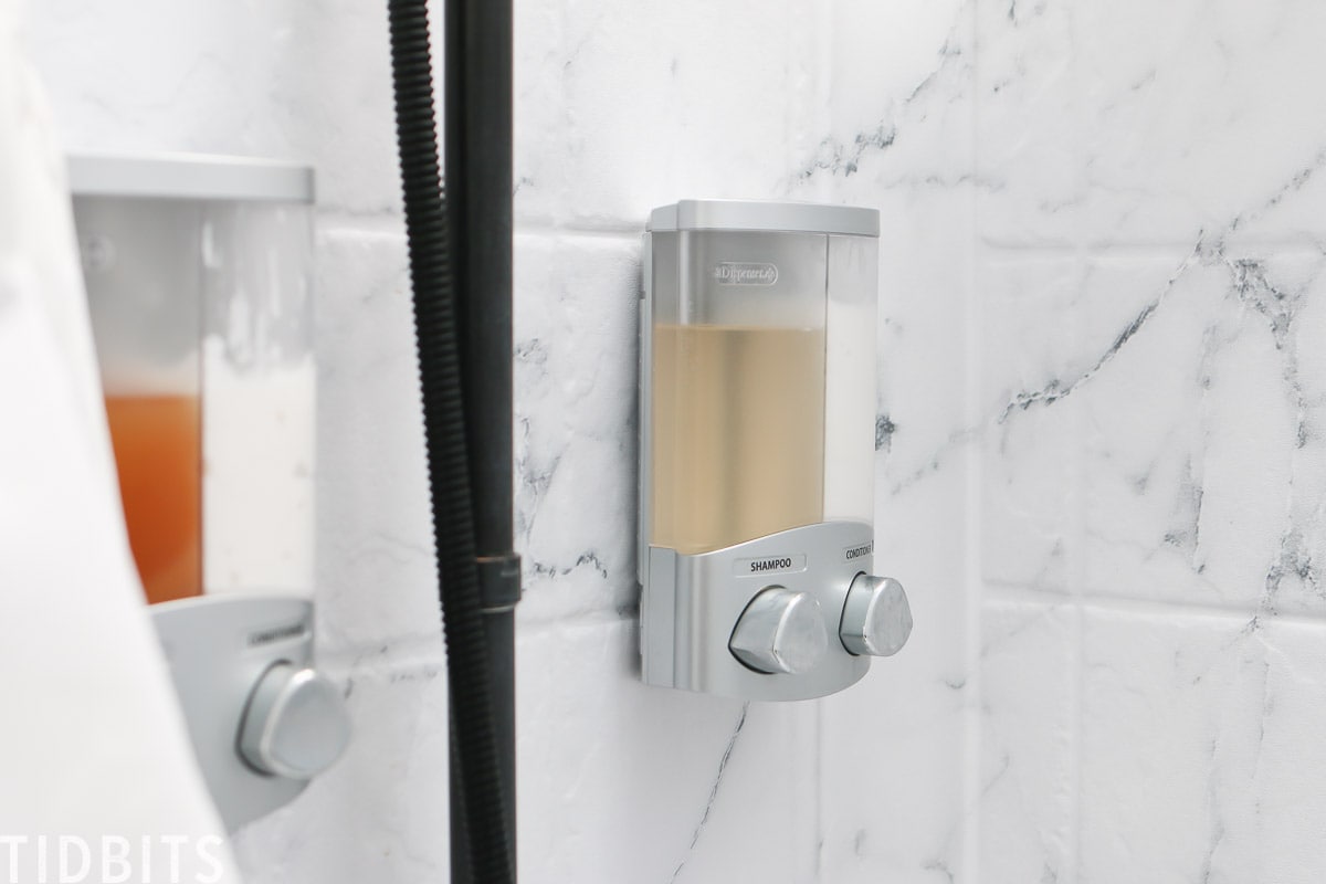 Shower soap dispenser in RV bathroom