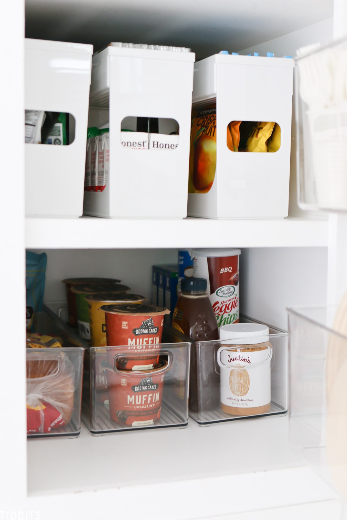 Long and deep clear containers work great for deep shelves in the pantry