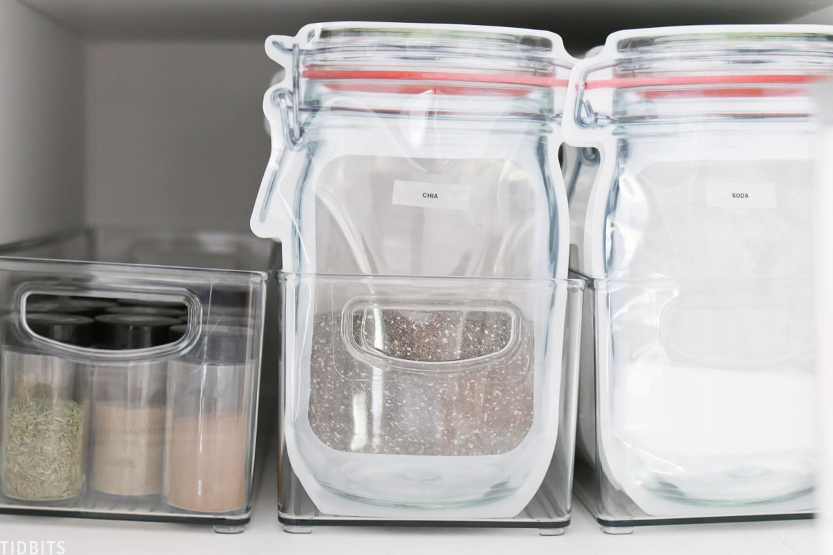 Bagged items and clear containers work great for small pantry organization.