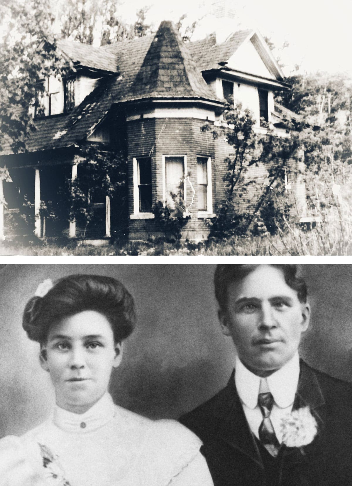 black and white photo of the victorian house and husband and wife