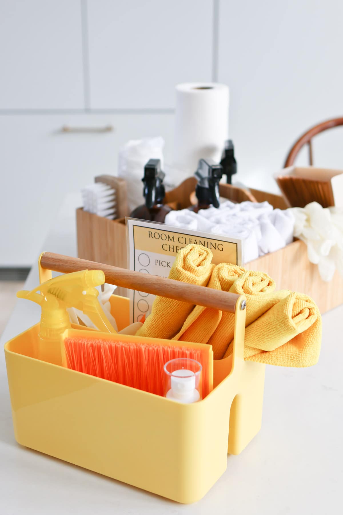 mom and kids cleaning caddy essentials