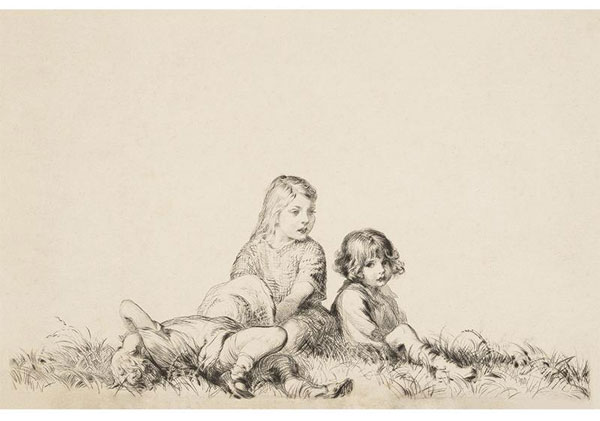 sketch art titled Sisters depicting three young girls laying in a field