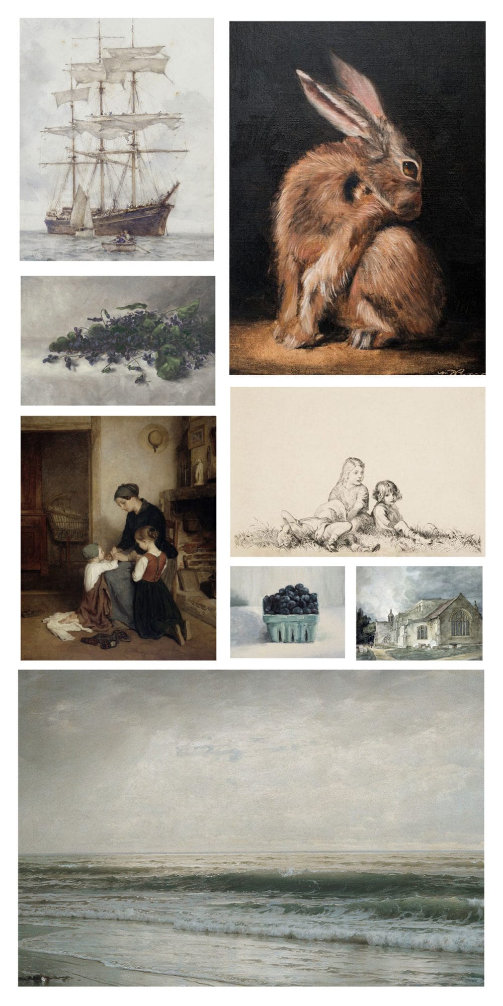 collage showing seven pieces of original vintage artwork