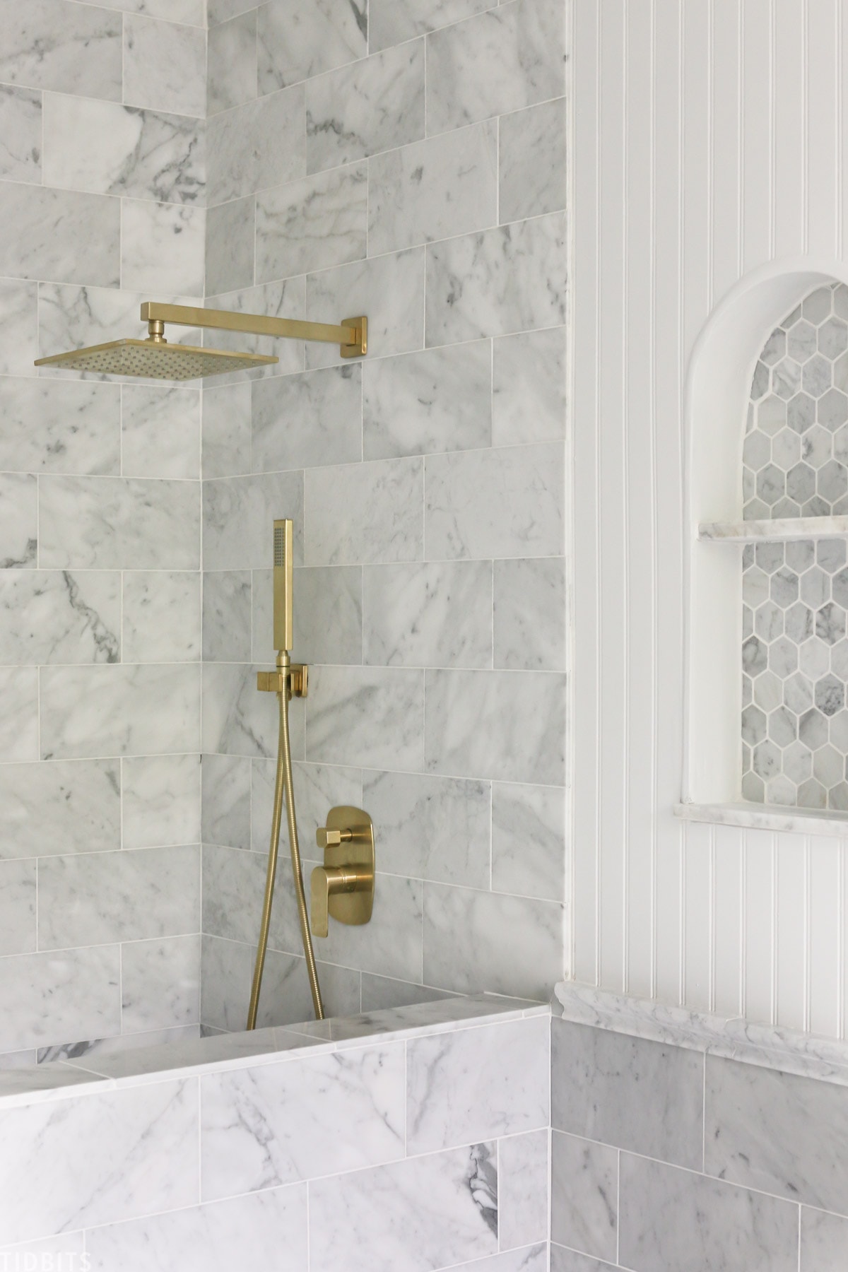 Master Bathroom Progress | Installing Marble Tile and Trim - Tidbits