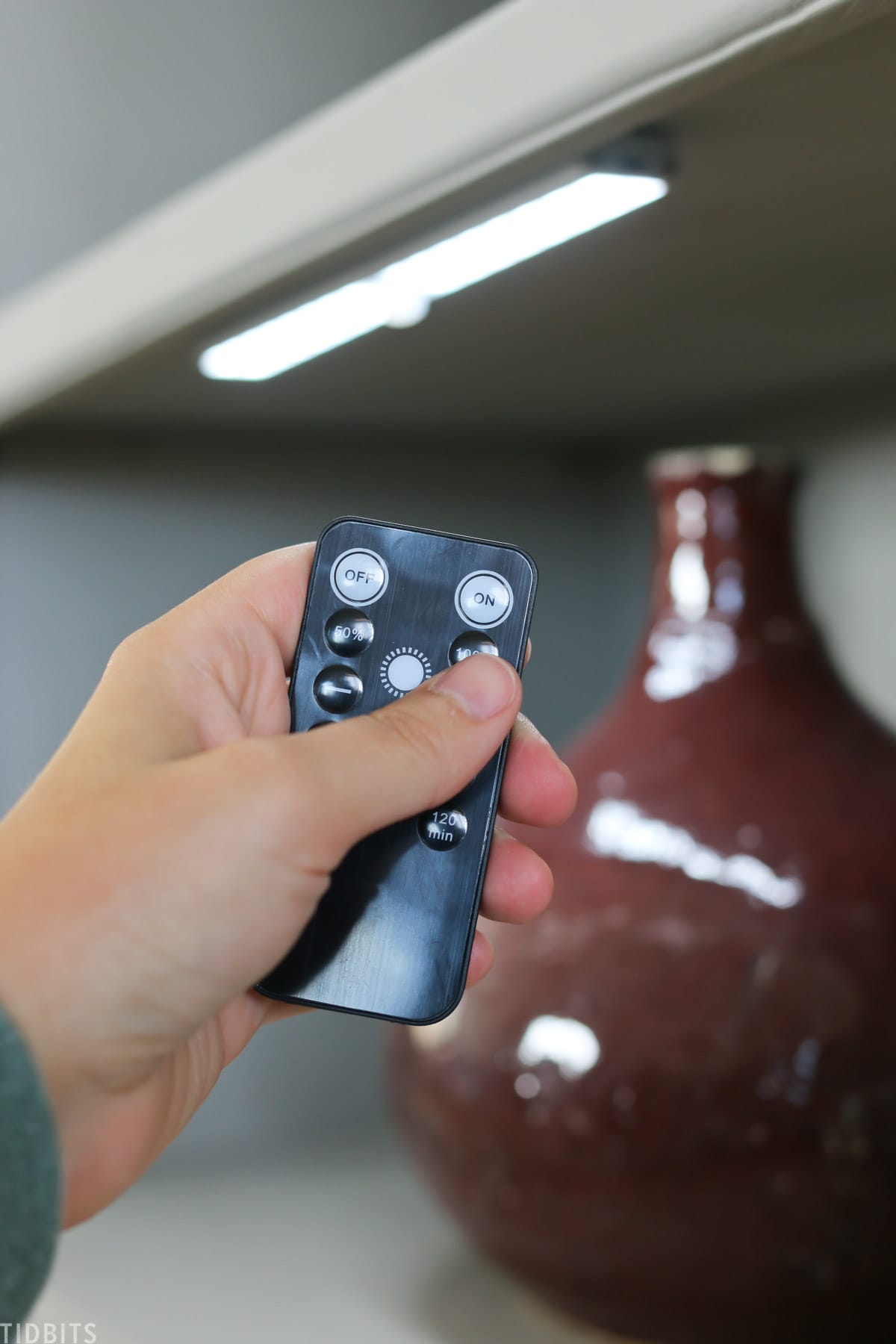 hand holding remote for under cabinet lighting