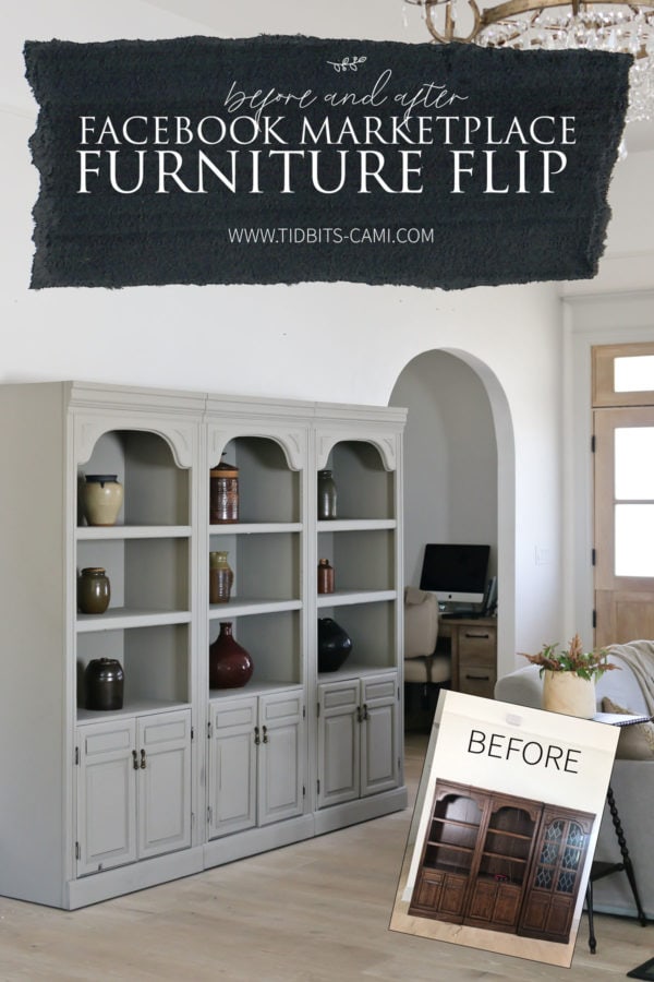 before and after photo of bookshelf makeover with text overlay for Pinterest