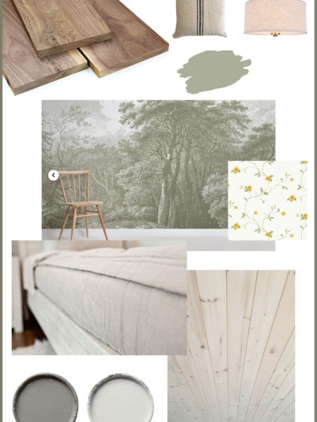 mood board for nature inspired bedroom including flooring, walls, paint, and lighting