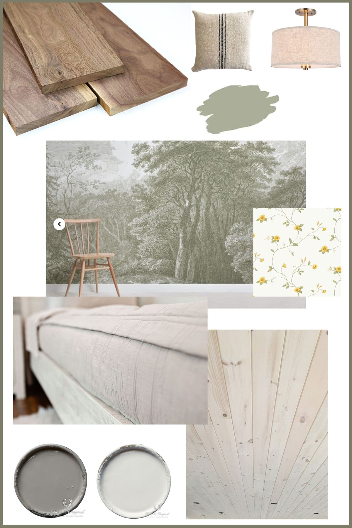 mood board for nature inspired bedroom including flooring, walls, paint, and lighting