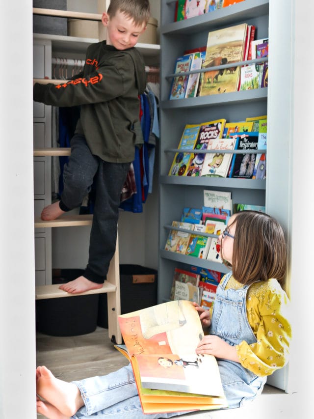 SHARED KIDS CLOSET DESIGN WITH A ROLLING LIBRARY LADDER STORY