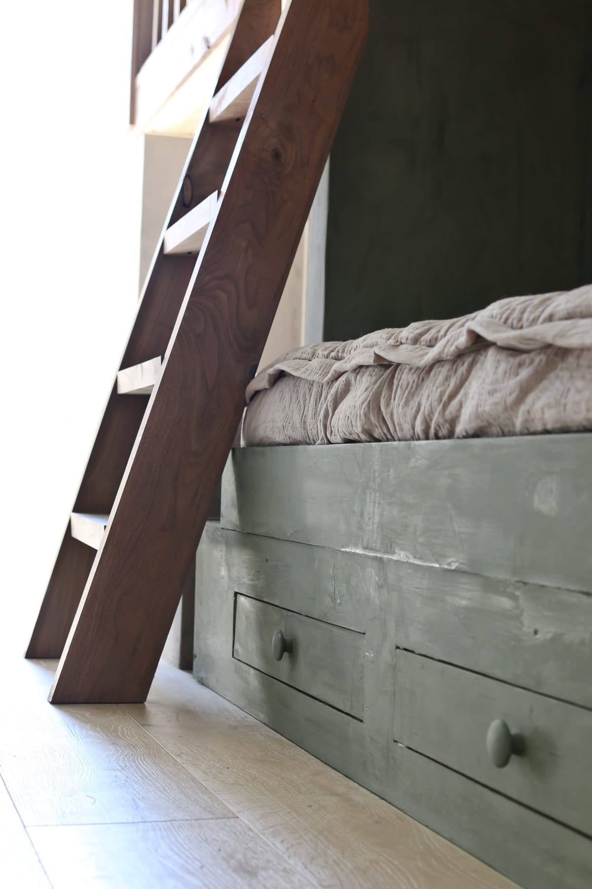 custom built bed frame is painted with Marrakech paint by Pure & Original Paint