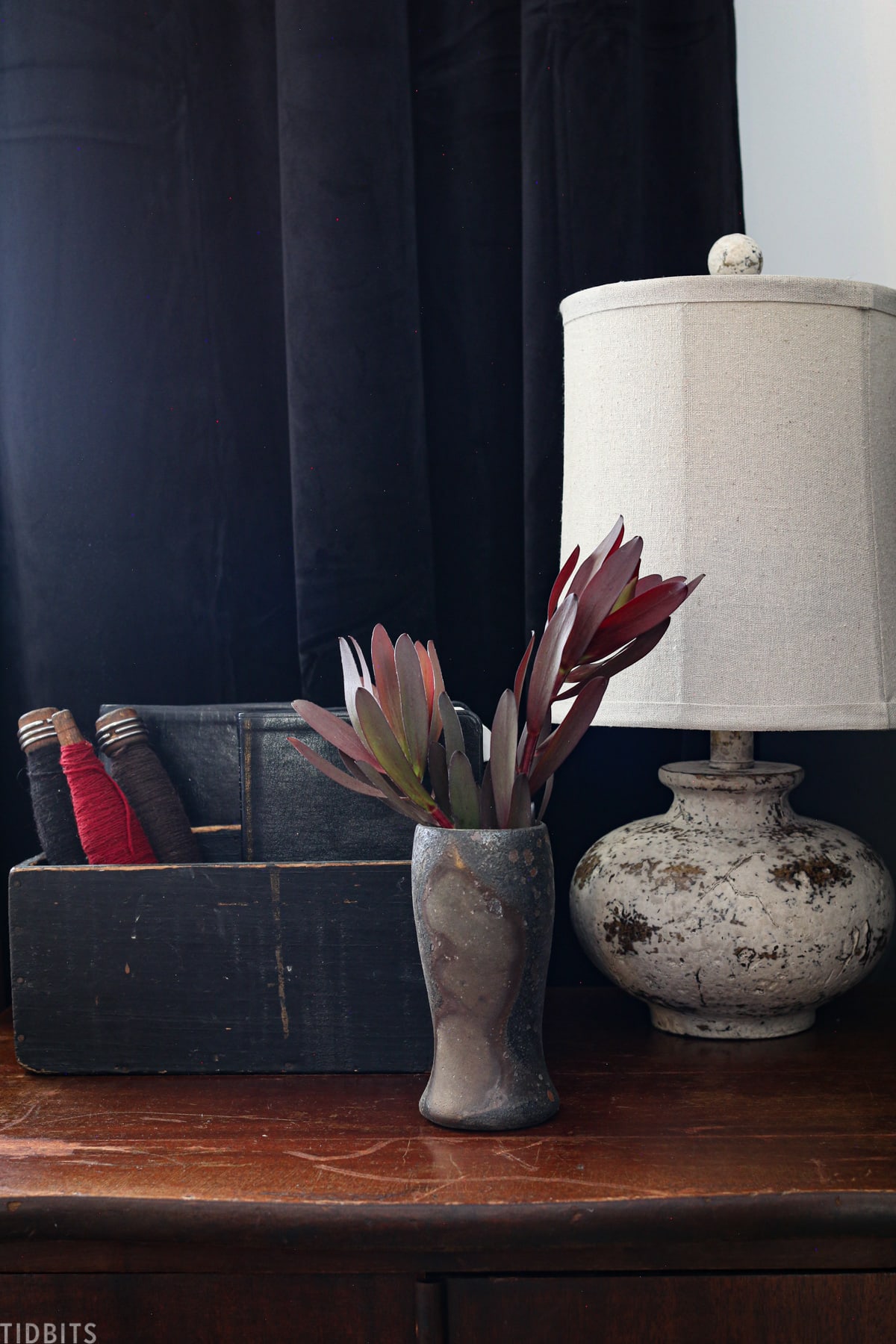 vintage vase and bedside table decor