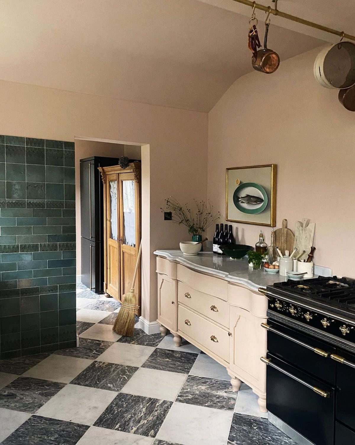 black and white carrara marble tiles in a vintage kitchen