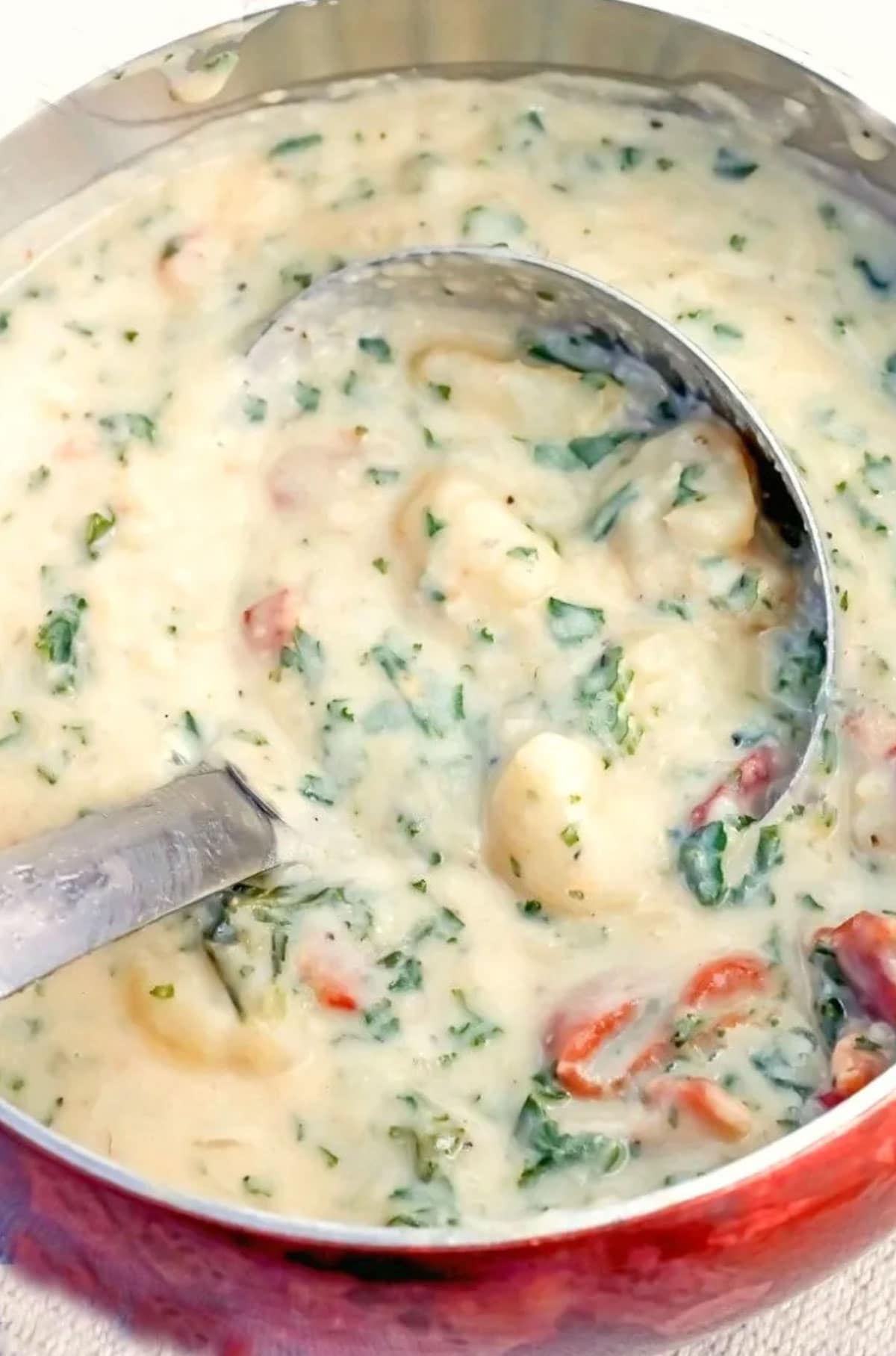 Close up of a bowl of potato soup with healthy kale