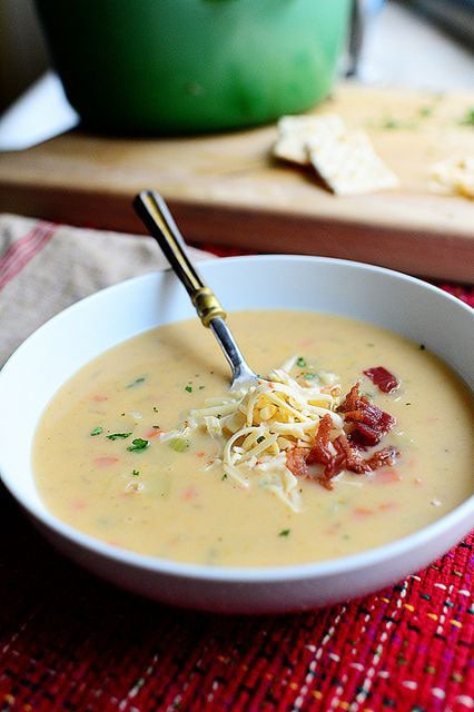 Bowl of perfect potato soup recipe with cheese and bacon garnish