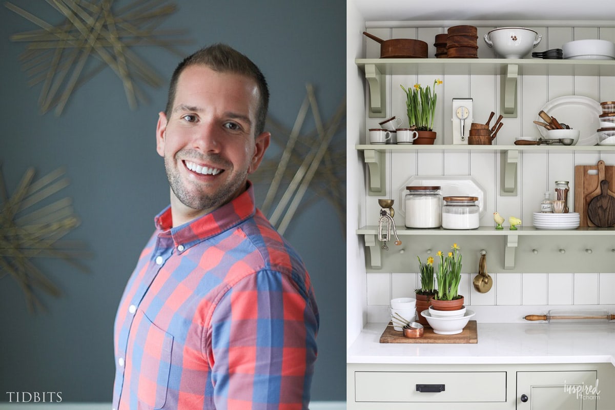 Michael, creator of Inspired by Charm and a counter and open shelving with dishes.