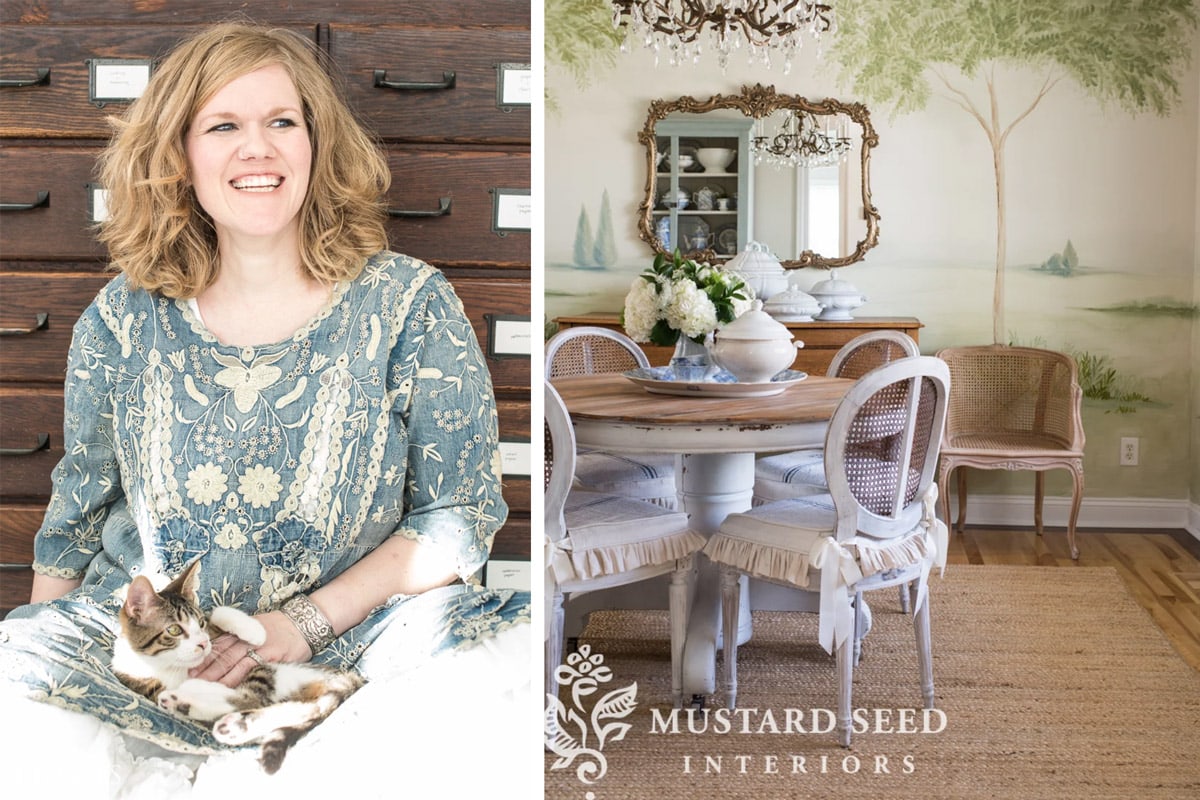 Miss Mustard Seed and a shot of a dining table set with cottage decor.