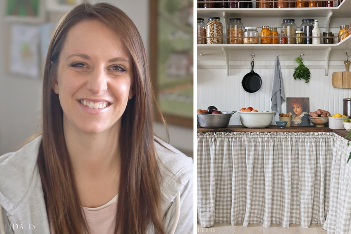 Cami, creator of TIDBITS blog and a country pantry with curtain and open shelving.
