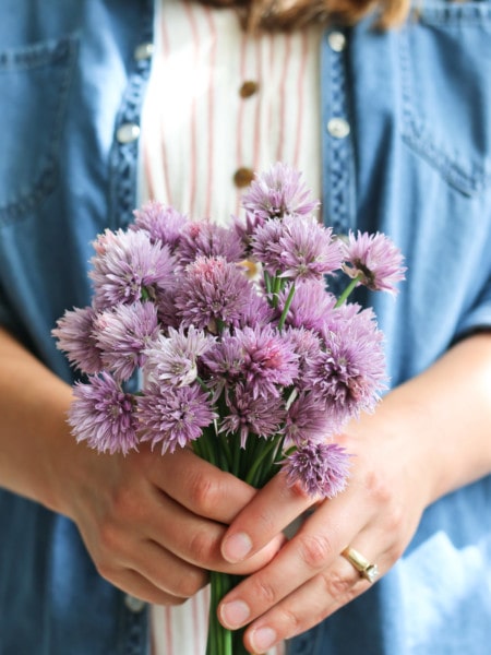 A woman holds a handful of chive blossoms