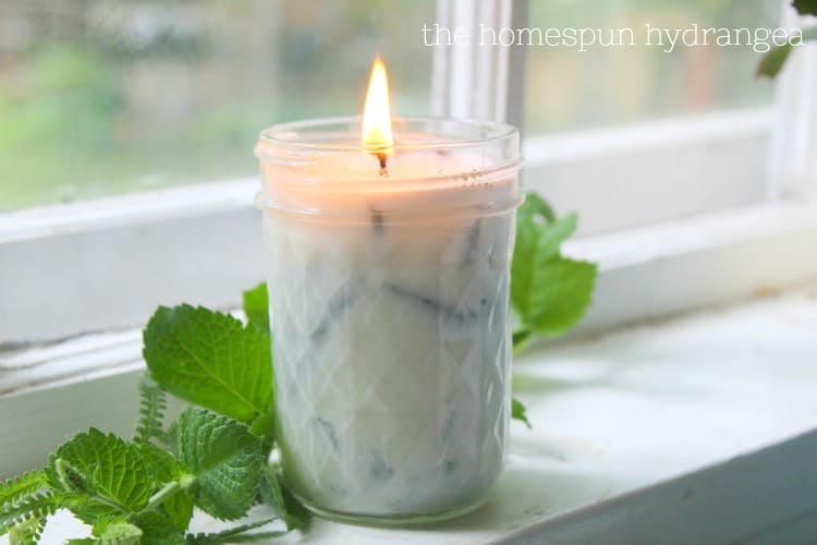 A homemade lavender and mint soy candle in a glass jar