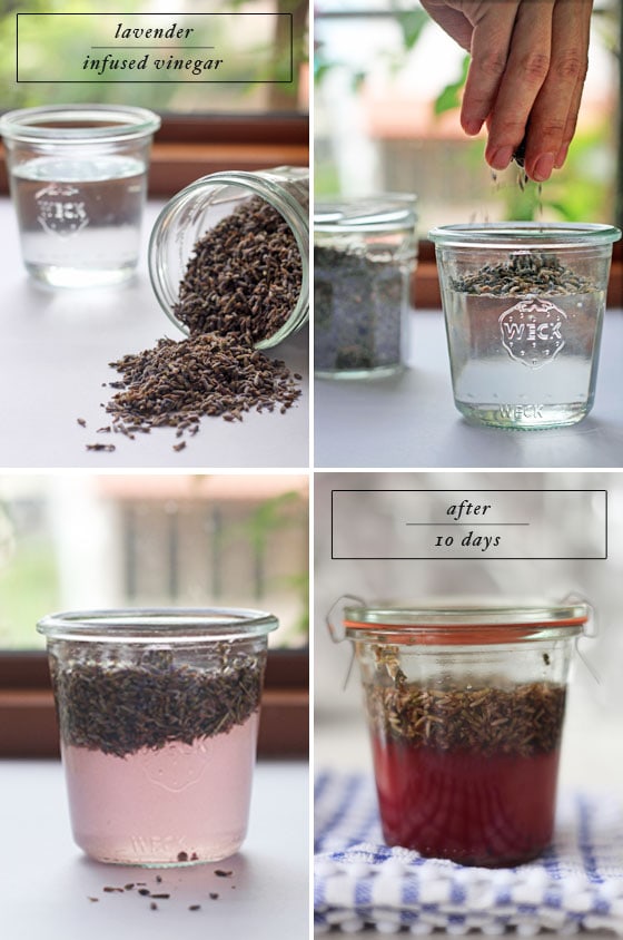 A collage of homemade lavender infused vinegar cleaning solution