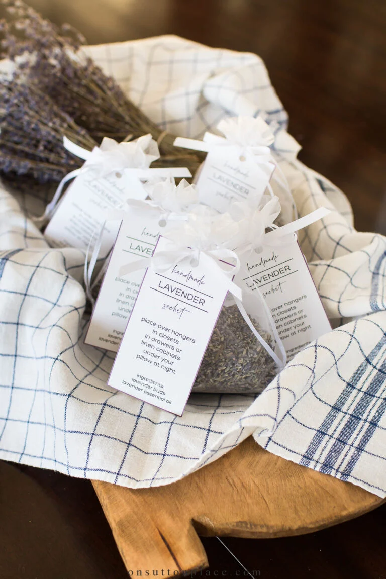 A basket of lavender sachets with custom tags