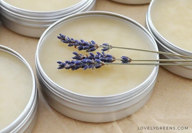 Small tins of natural lavender body balm and some springs of lavender