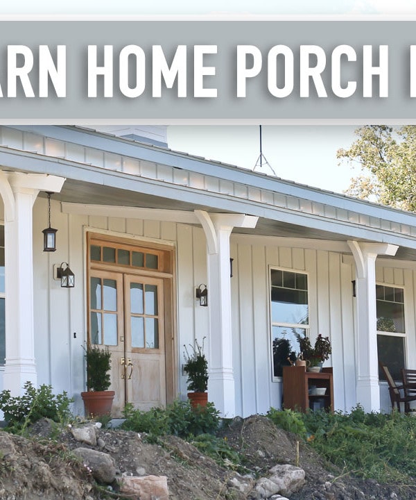 Text of "Pole Barn Home Porch Reveal" with picture of a finished front porch