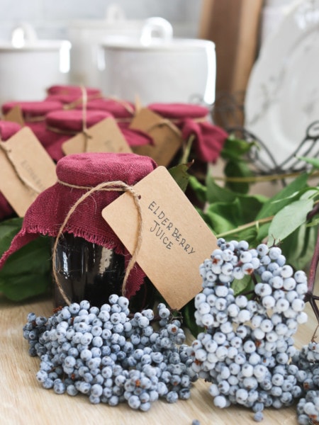 A bundle of fresh elderberries and bottles of elderberry juice with brown labels