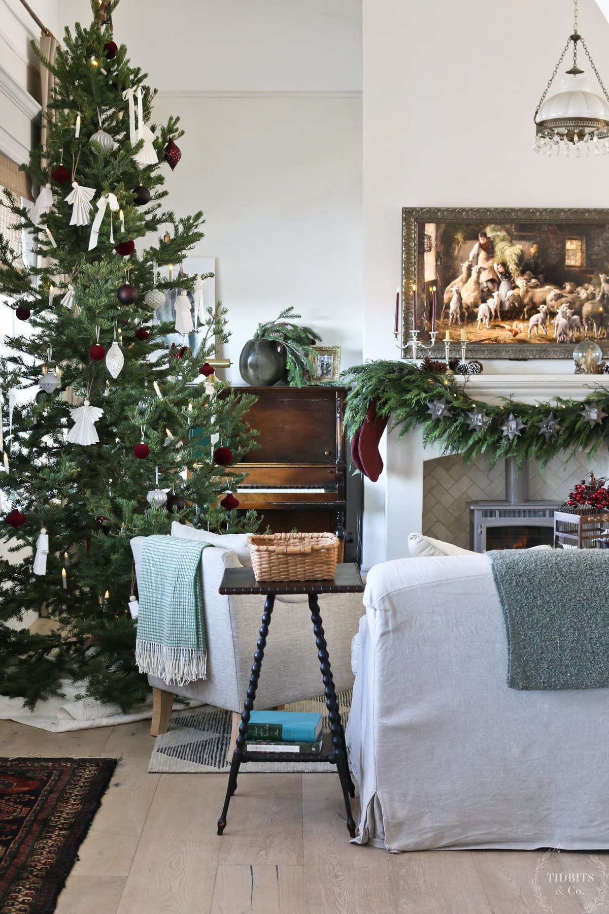 A decorated Christmas tree in a a farmhouse living room
