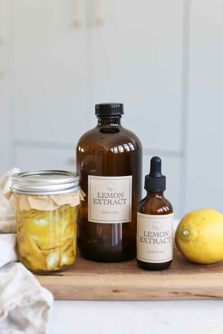 Glass jars and bottles of homemade lemon extract