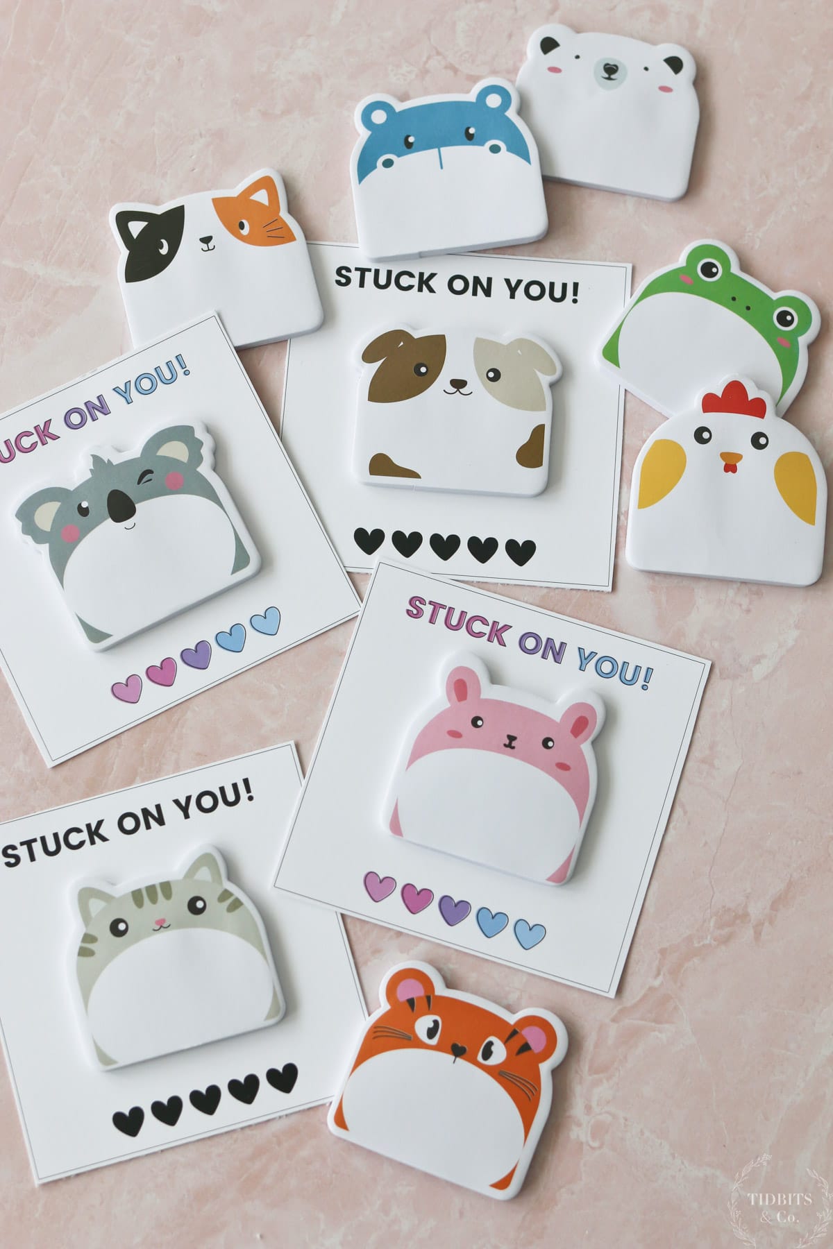 Sticky animal note pads used for class valentines