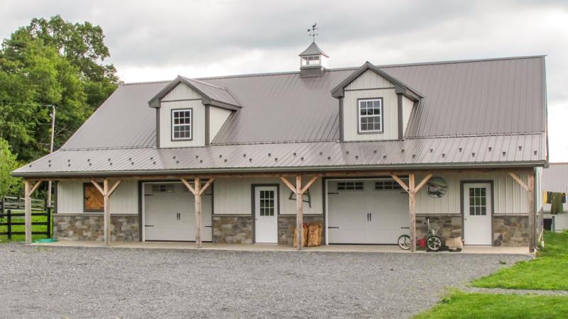 A barndominium with garages and living spaces