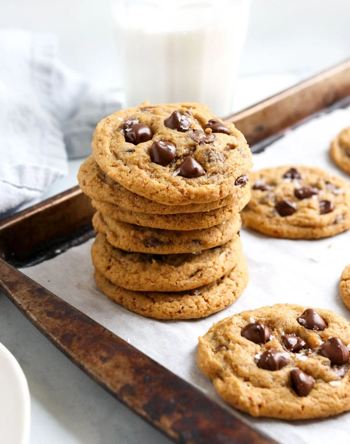 A stack of chocolate chip cookies made from chickpea or garbanzo bean flour
